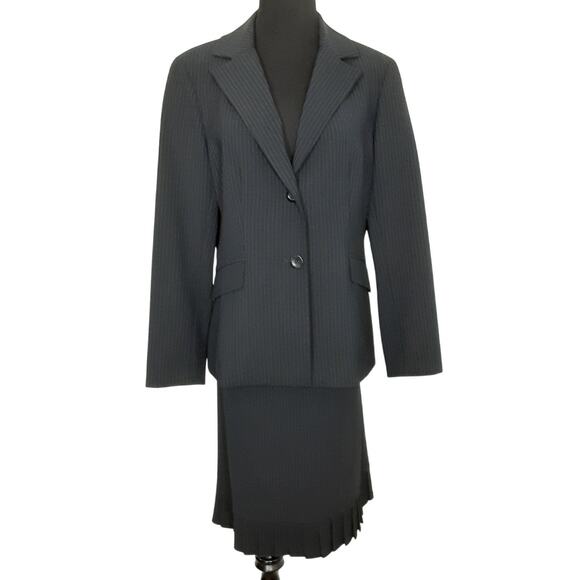 DonCaster Virgin Wool Suit Set Blue Pinstripe Blazer Straight Skirt Womens 12 - Picture 1 of 14